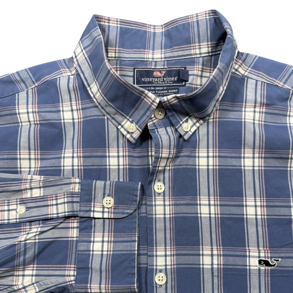 Vineyard Vines Shirt Mens Large Blue Plaid Performance Slim fit Trucker Office